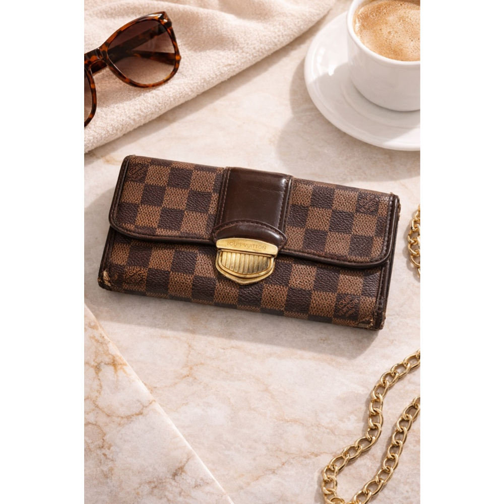 Louis Vuitton Damier Ebene Long Wallet Push Lock Clutch Style Brown Checkered